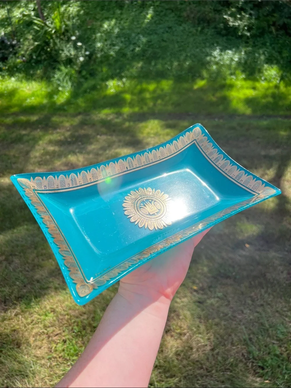 Vintage MCM George Briard Blue Teal Gold Glass Tray Hawaiian Crown Regalia